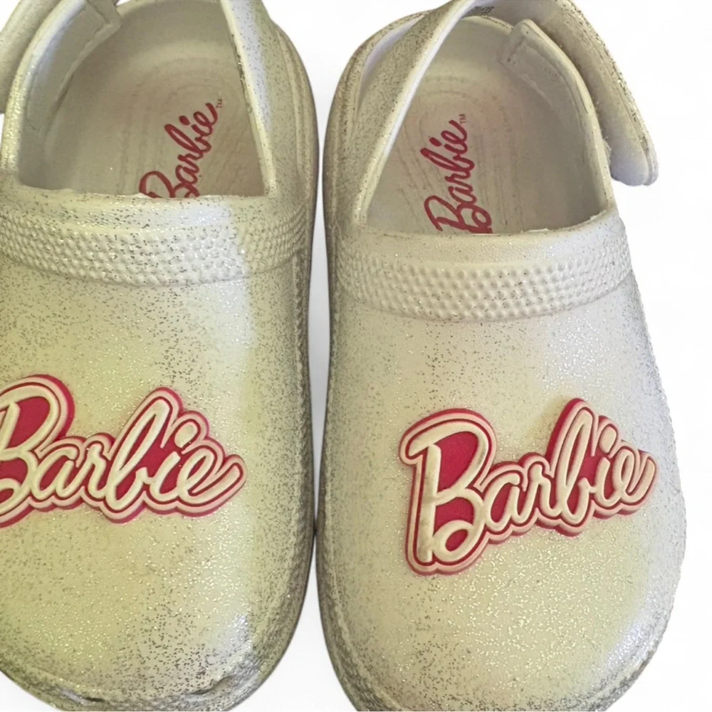 Sparkly white and pink Barbie crocs clog slide on shoes girls size 9